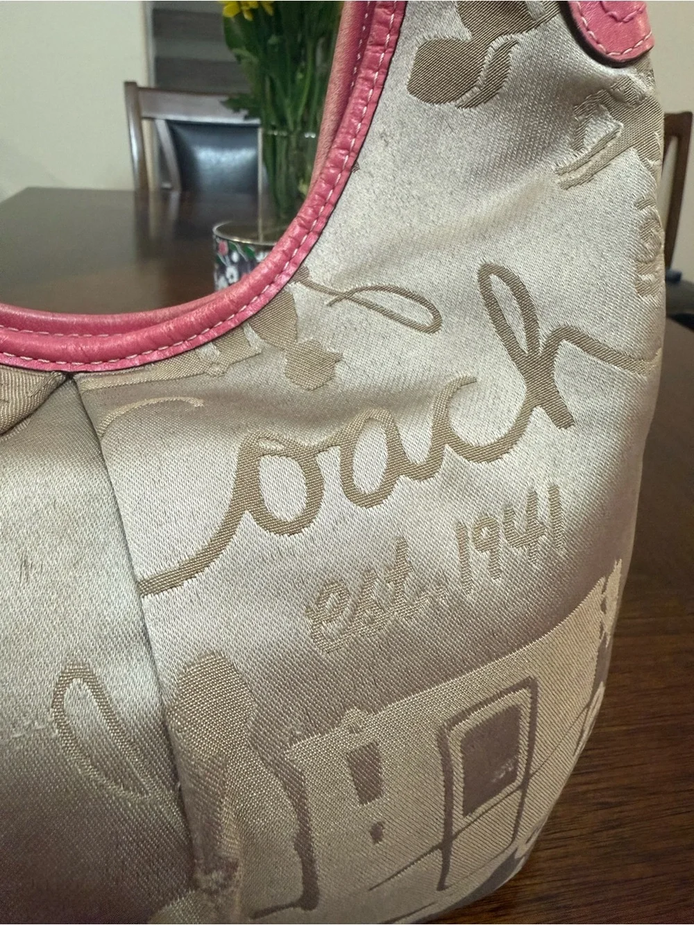 Coach Taupe Jacquard Hobo with Pink Trim
